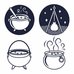 Witch's cauldron brewing potion over campfire mystical icons