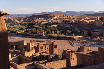 Ouarzazate, Morocco: Aerial view of the famous Aït Benhaddou, or Ben Haddou, ksar, a fortified village for its hill top ancient fort near Ouarzazate in the Moroccan atlas.