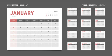 Set of Monthly pages Calendar Planner Templates 2026 for wall or desk grey and red color for print. Vector layout of simple calendar with week start Sunday. Pages for size Letter - 8.5x11 in