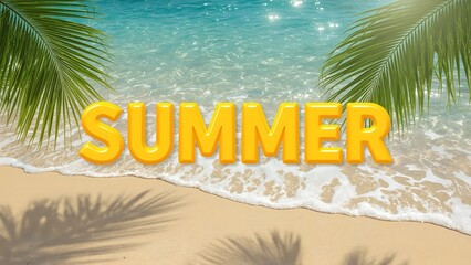 Obraz premium Glossy Yellow Summer Sale Text on Beach ocean wave