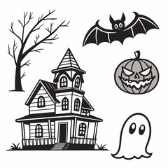 Spooky halloween house bat ghost pumpkin tree illustration