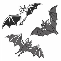 Three cute cartoon bats flying isolated on white background