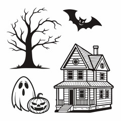 Spooky halloween house ghost bat tree pumpkin illustration
