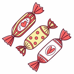 Three delicious wrapped candies with hearts design on white background