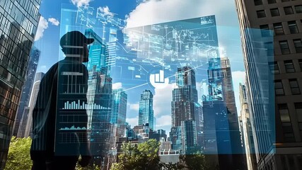 Person gazing at futuristic cityscape with digital overlays and skyscrapers under a bright sky - Powered by Adobe