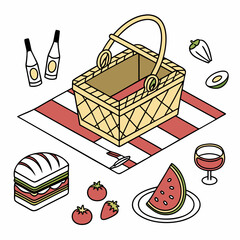 Summer picnic basket with food and drinks on a blanket