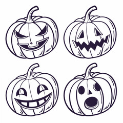 Four halloween pumpkins with various expressions isolated on white background