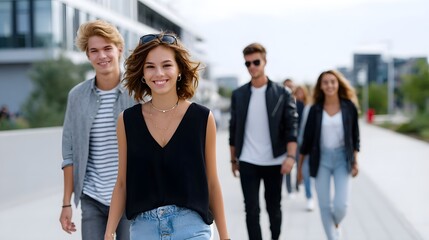 Obraz premium A group of young people walking down a modern city street. long_title:A diverse group of young adults casually walking together down a busy city