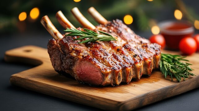 A beautifully presented rack of grilled meat, seasoned with herbs and garnished, emphasizing culinary art and gastronomic delights in an appealing festive setup for food lovers.