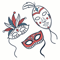 Three colorful carnival masks isolated on white background