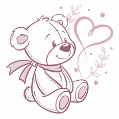 Adorable pink teddy bear with hearts and floral design