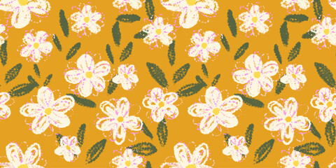 Seamless vector floral pattern with hand drawn crayon style flowers and textured green leaves on a mustard yellow background. Template for textiles, kids decor, and wrapping paper, prints