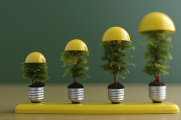 Four small trees grow from light bulb bases with yellow caps above, symbolizing green energy and environmental growth.