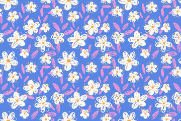 Seamless vector floral pattern with hand drawn flowers and leaves on a blue background. Summer and whimsical design for textiles, wrapping paper, and stationery