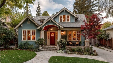 Charming Craftsman-style cottage with colorful facade and lush front yard, embodying cozy residential charm.
