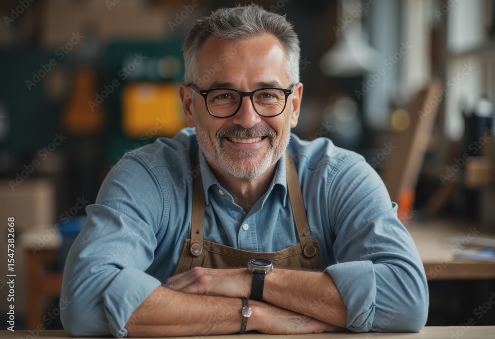 Aufkleber man with glasses smiling at an ergonomic sawing table in a workshop
