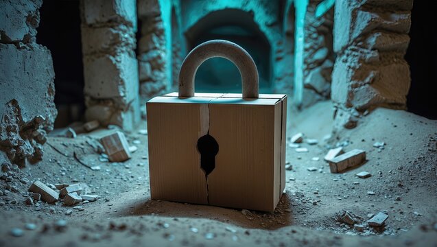 A close-up of a textured lock surrounded by scattered debris in a dimly lit, mysterious setting, evoking themes of security and secrecy