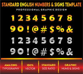 English Numbers and signs template with gradients letters, standard vector letters, english letters for children's book and school, golden and silver letters