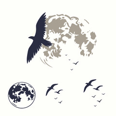 Majestic bird soaring above a stylized moon with flock of birds