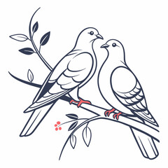 Two doves perched on a branch with leaves