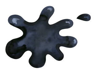 Watercolor black ink splatter on transparent background.