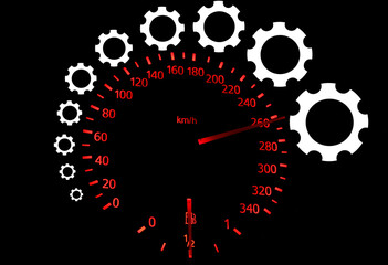 Gradual Pattern of White Cogwheels Increase the Size over Red Digits and Arrows on a Car Instrument Cluster
