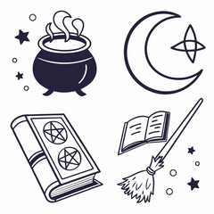 Witchcraft symbols cauldron book broom moon stars pentagram