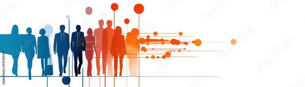 Poster silhouettes of diverse business people in blue and orange hues with abstract data points and lines, 
