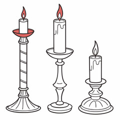 Three elegant candlesticks with lit candles romantic decor