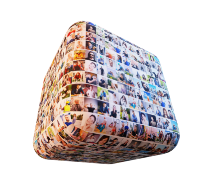 People portraits on cube. Celebrating community and interaction