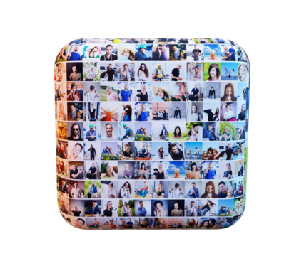 People mosaic on a cube celebrating community and interaction. Isolated on transparent background