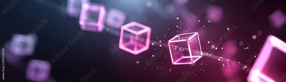 Poster floating translucent pink cubes connected by lines in a futuristic digital space with glowing partic