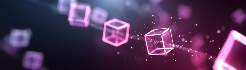 Floating translucent pink cubes connected by lines in a futuristic digital space with glowing particles and a dark blurred background.