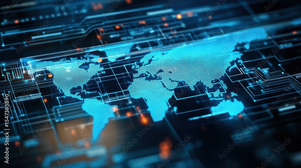 Poster a digital world map with glowing blue circuits, symbolizing global connectivity and advanced technol