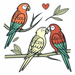 Three parrots on branch romantic bird illustration love birds