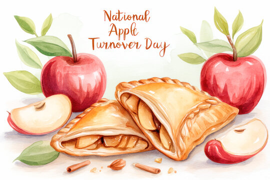 National Apple Turnover Day. Delicious apple turnovers with fresh apples and green leaves, celebrating National Apple Turnover Day in a vibrant illustration - Powered by Adobe