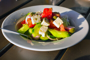 Greek Fresh vegetable salad with white feta cheese