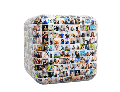 Rounded cube featuring a vibrant mosaic of human faces