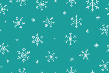 Seamless pattern with black snowflakes on white background. Flat line snowing icons, cute snow flakes repeat wallpaper. Nice element for christmas banner, wrapping. New year traditional ornament.