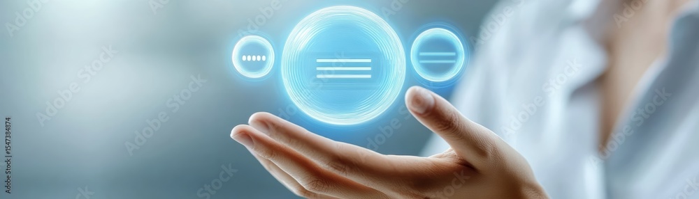 Poster a hand reaching out to futuristic floating digital icons representing equal, plus, and minus symbols