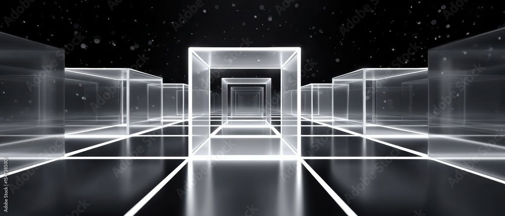 Poster a futuristic digital corridor composed of glowing transparent cubes extending into a starry black ba