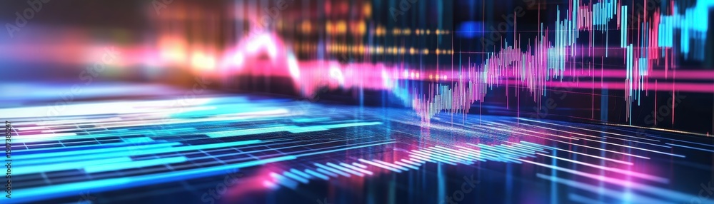 Poster a vibrant digital graph with neon blue and pink lines represents data trends and analytics in a futu