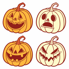 Four halloween jack o lantern pumpkins cartoon faces