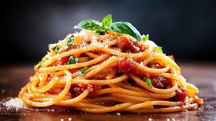 A mouth-watering plate of spaghetti topped with vibrant tomato sauce and fresh basil, conveying the essence of Italian cuisine in a visually appealing and appetizing presentation.