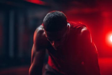Focused male athlete under red dramatic light, Conceptual shot showing inner drive, Fitness and dopamine motivation visual