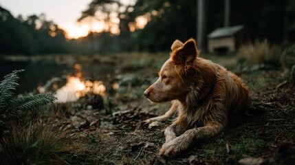 Fototapeta na wymiar The image showcases a golden dog peacefully resting beside a quiet lake at sunset, embodying serenity and the special bond between pets and nature.