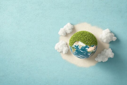 A paper cutout of a globe with clouds and trees surrounding it. , with ample copy space for text.