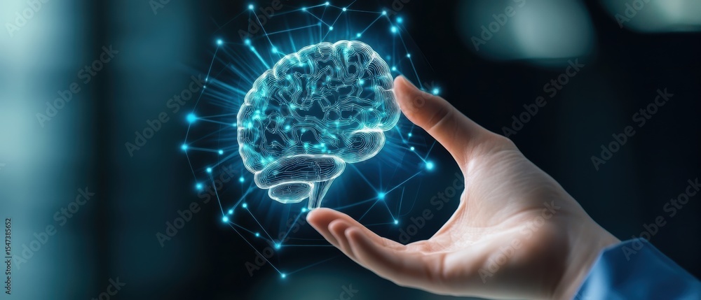Poster a hand holds a glowing, digital 3d brain with connected nodes, symbolizing artificial intelligence, 