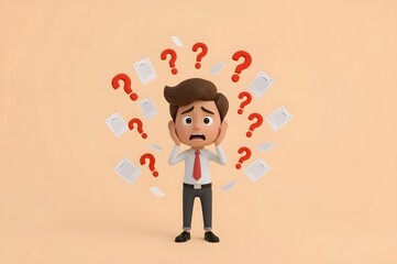 Cartoon businessman, stressed, surrounded by question marks and papers