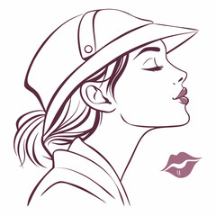 Elegant woman profile line art hat isolated